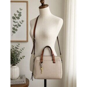 Fossil Rachel Satchel Double Handle Crossbody Tan Leather Key Charm Zip Handbag